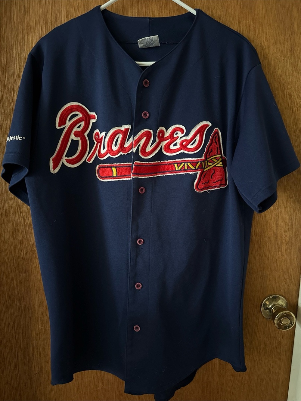 1990s Atlanta Braves Majestic Navy Button-Up Jersey - Red & White Script